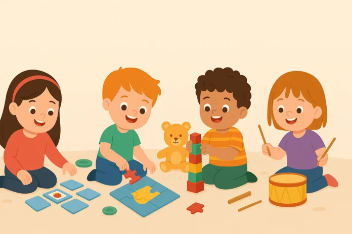 3-6 yaş eğitici oyunlar oynayan çocukların puzzle, hafıza kartı, blok ve ritim etkinlikleri yaptığı çizim.