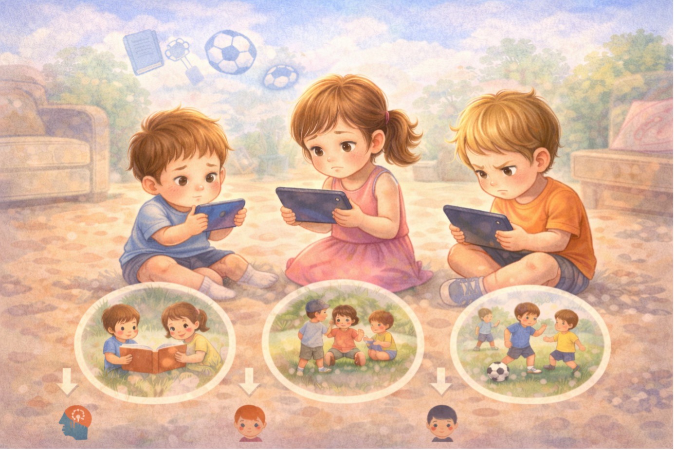 “Tablet kullanan çocuklar ve ekran süresine alternatif olarak kitap okuma, oyun oynama ve açık havada futbol oynama aktiviteleri.”