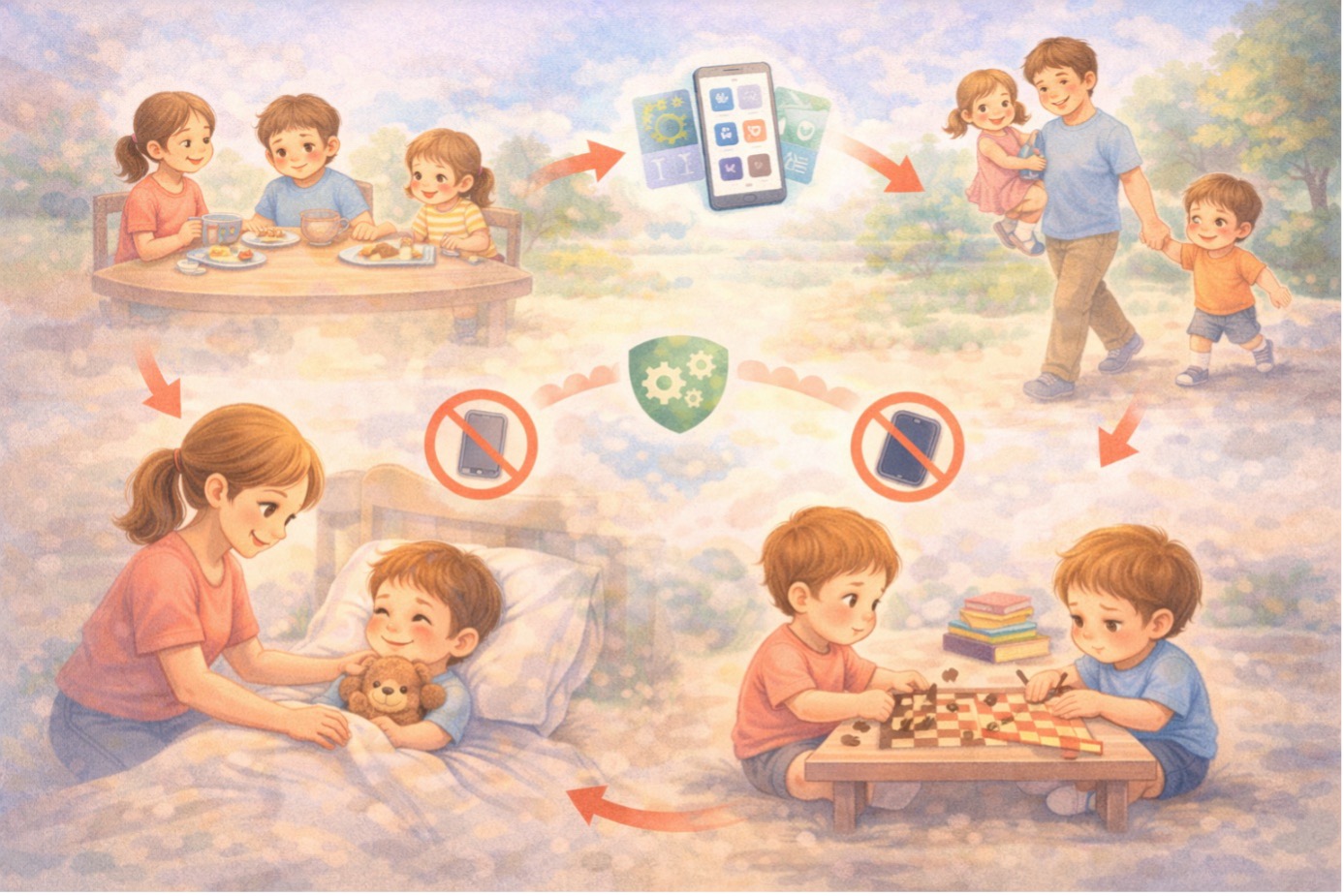 “Çocuklar için ekran süresinin sınırlandırıldığı, yemek, oyun, uyku ve aile zamanı içeren sağlıklı günlük rutin örneği.”