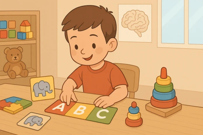 Çocuklarda hafıza gelişimini destekleyen eğitici oyunlar ve oyuncaklarla oynayan küçük çocuk illüstrasyonu.