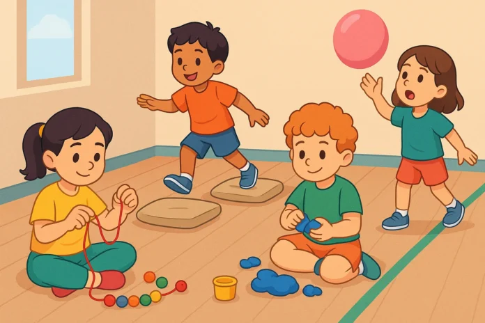 Motor becerilerini geliştiren aktivitelerle oynayan çocukların boncuk dizme, oyun hamuru ve denge etkinlikleri yaptığı renkli çizim.