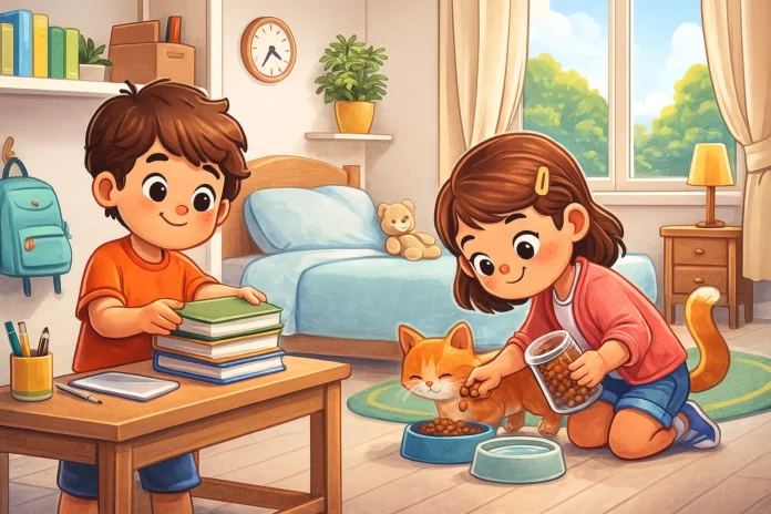 Odada kitaplarını düzenleyen bir çocuk ile evcil hayvanını besleyen bir çocuğun sorumluluk bilinci geliştirme sahnesi.