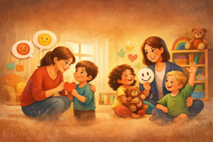 Erken çocuklukta duygusal gelişim için ebeveyn ve eğitimcinin çocuklarla kurduğu güvenli etkileşimi gösteren illüstrasyon