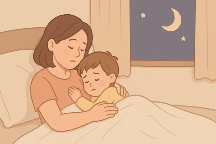 “Gece uyanan çocuğunu sakinleştiren anne – 2-6 yaş uyku gerilemesi sürecini temsil eden yazısız pastel illüstrasyon.”