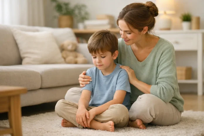 “Ev ortamında ebeveyniyle güvenli şekilde vakit geçiren kaygılı çocuk”