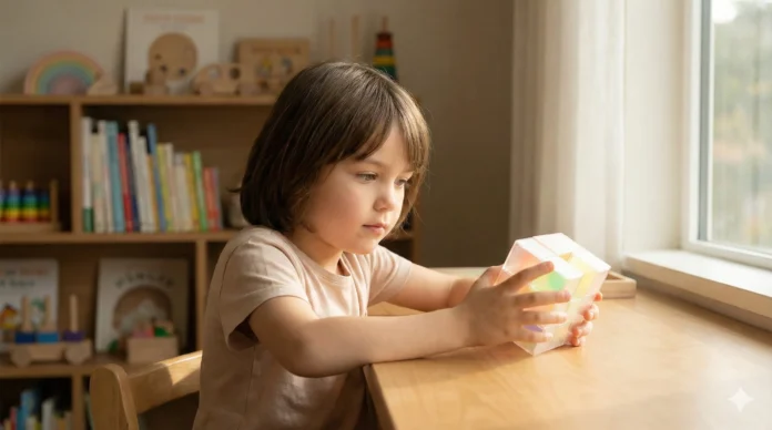 Güneş ışığı alan sakin bir odada, elindeki şeffaf zeka küpüne odaklanarak düşünen, Piaget'in bilişsel gelişim kuramına göre soyut düşünme becerisini temsil eden çocuk.
