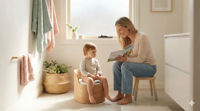 Güneş ışığı alan estetik bir banyoda, gülümseyen bir anne küçük çocuğuna lazımlıkta otururken resimli kitap okuyor, sakin ve pozitif bir tuvalet eğitimi anı.