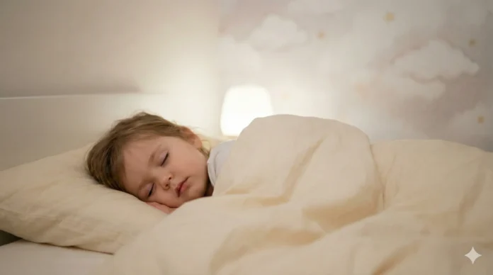 Loş ışıkta yatağında huzurla uyuyan küçük çocuk