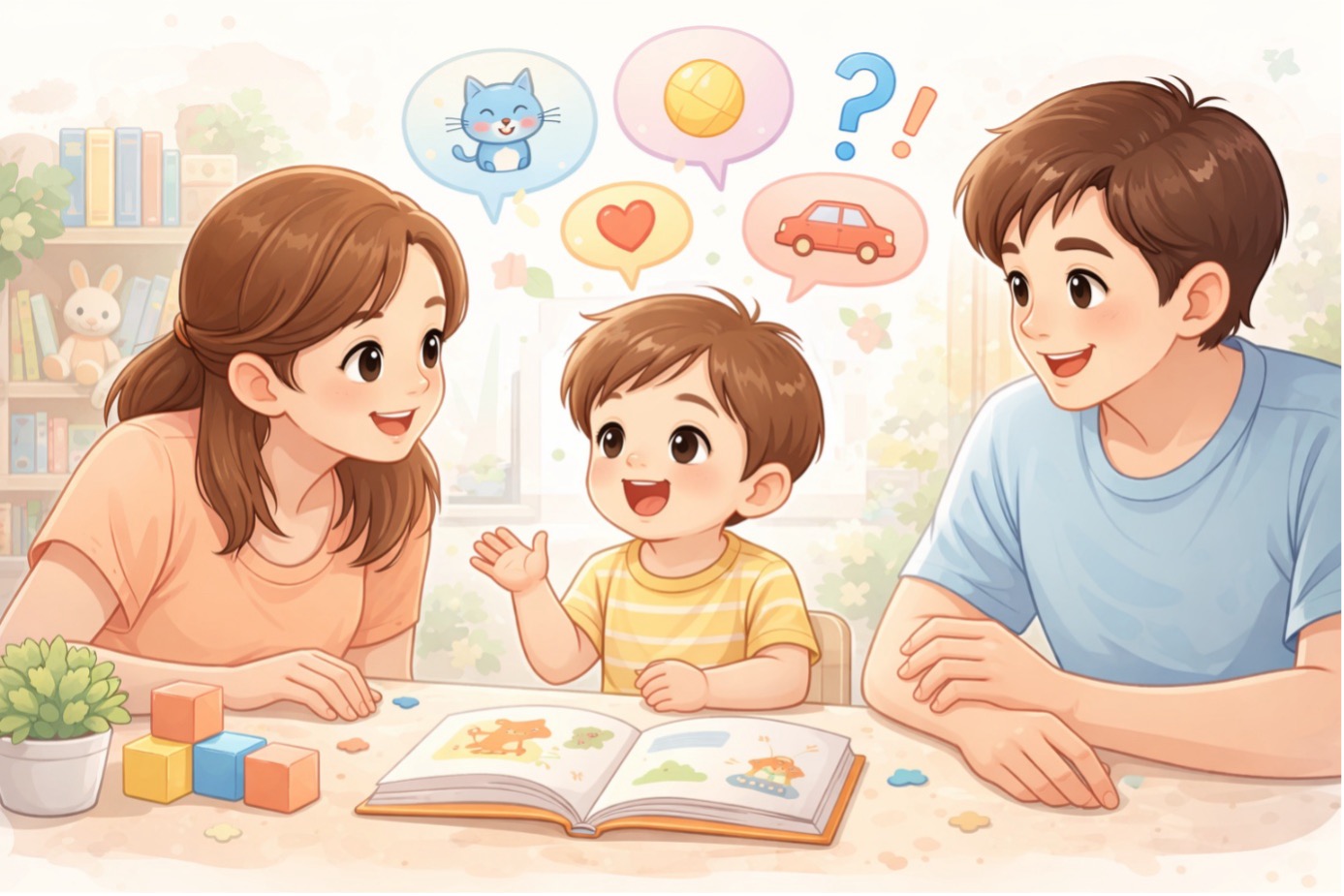 3 yaş çocuk gelişimi özellikleri kapsamında, ebeveynleriyle kitap inceleyen ve konuşarak dil ile sosyal gelişimini destekleyen bir çocuk