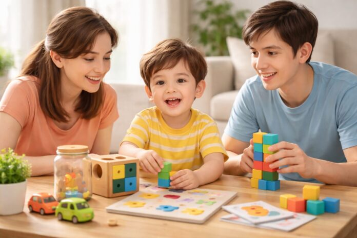 3 yaş çocuk gelişimi özellikleri kapsamında, ebeveynleriyle birlikte eğitici oyuncaklarla oynayan bir çocuğun zihinsel ve sosyal gelişimini destekleyen ev ortamı