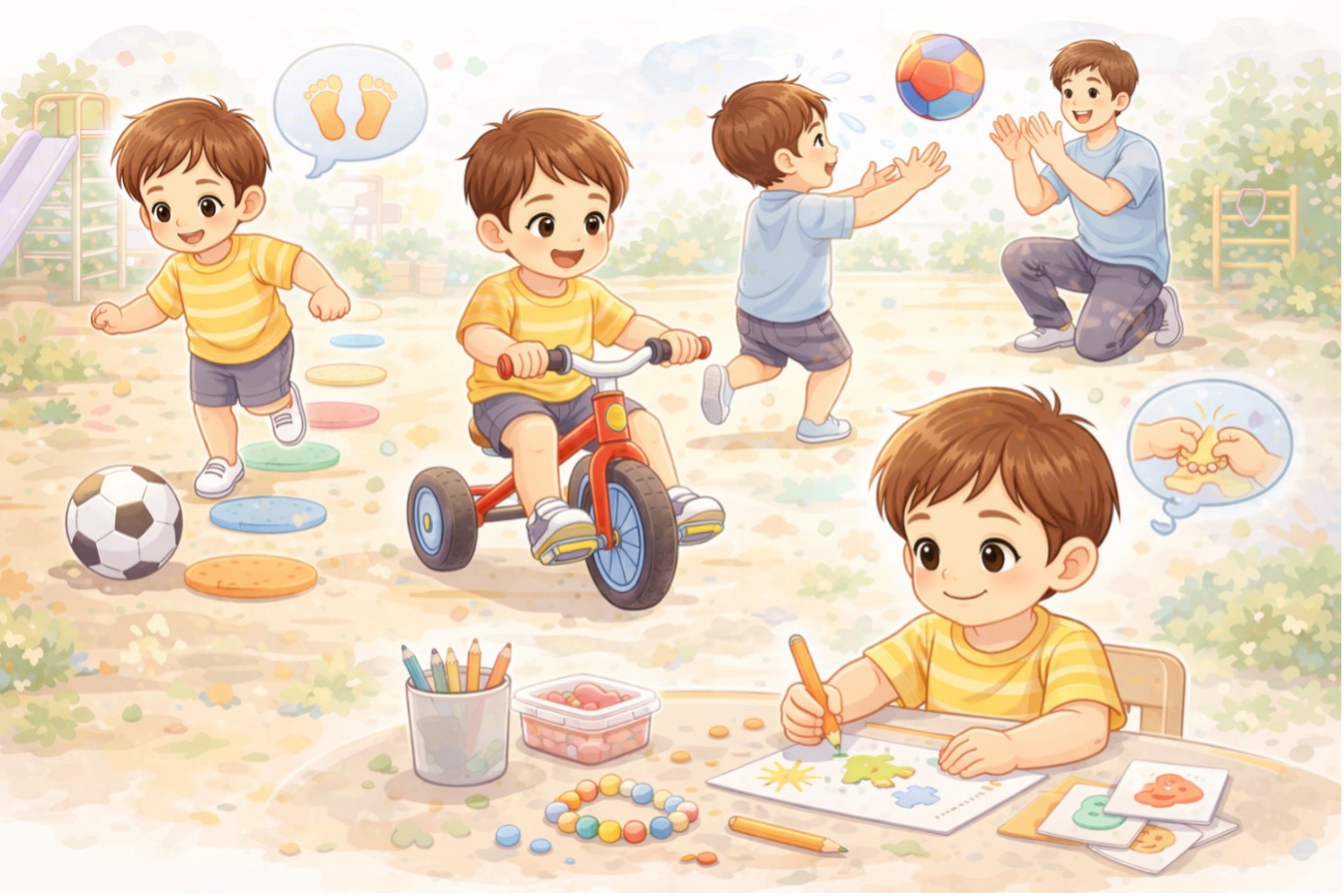 3 yaş çocuk gelişimi özellikleri kapsamında, koşma, bisiklete binme ve çizim yapma gibi aktivitelerle fiziksel ve motor becerileri gelişen bir çocuğun günlük etkinlikleri