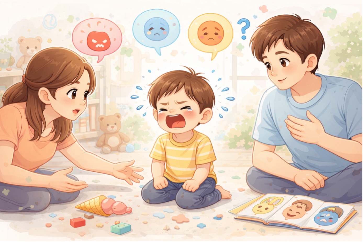 3 yaş çocuk gelişimi özellikleri içinde yer alan öfke nöbetleri sırasında, ebeveynleri tarafından sakinleştirilmeye çalışılan bir çocuğun duygusal gelişimini gösteren sahne