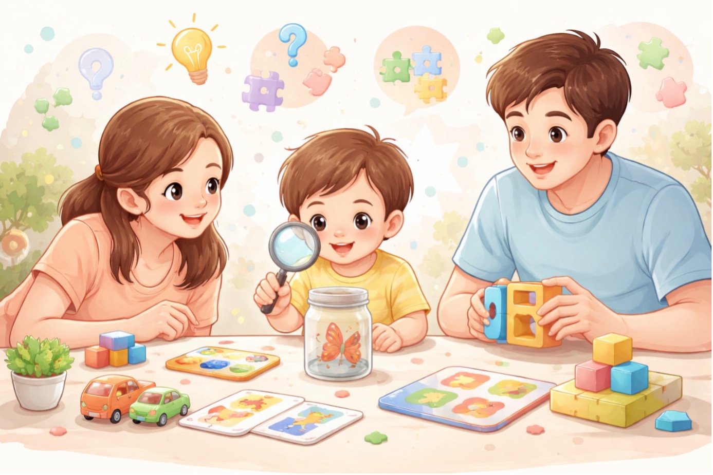 3 yaş çocuk gelişimi özelliklerini destekleyen, ebeveynlerle birlikte oyun oynayan bir çocuğun zihinsel ve sosyal gelişimini gösteren etkinlik