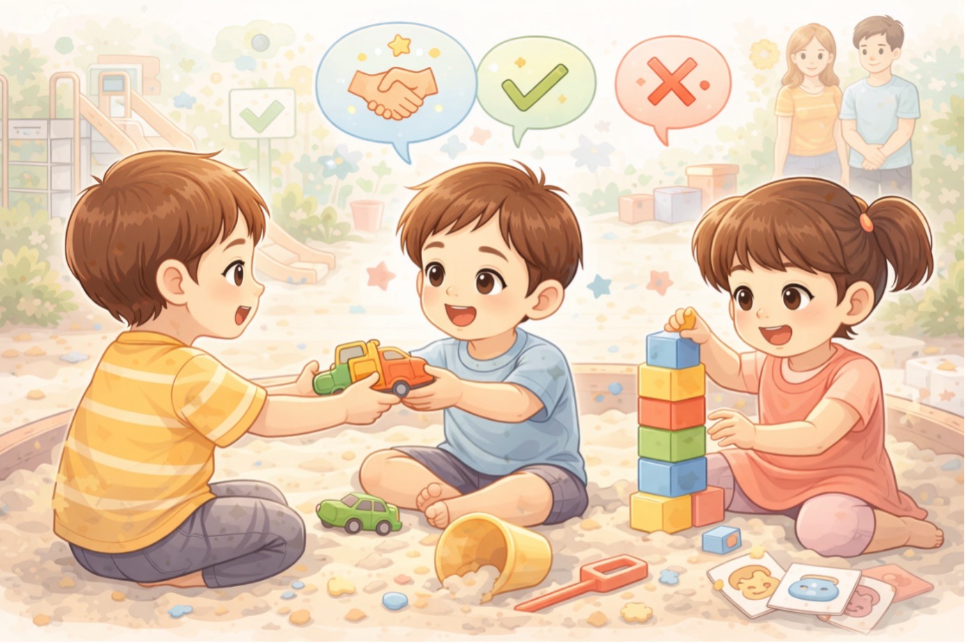 3 yaş çocuk gelişimi özellikleri kapsamında, akranlarıyla oyuncak paylaşarak sosyal becerilerini geliştiren çocukların oyun oynadığı bir sahne