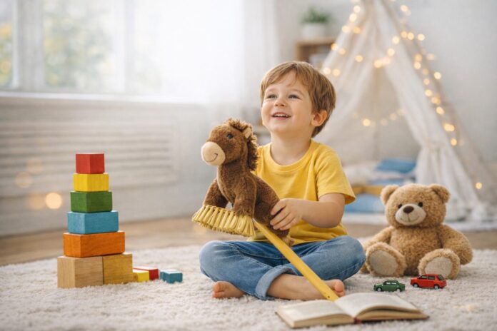 3 yaş çocuk gelişimi sürecinde sembolik oyun oynayan bir çocuğun bilişsel gelişimini yansıtan doğal bir sahne