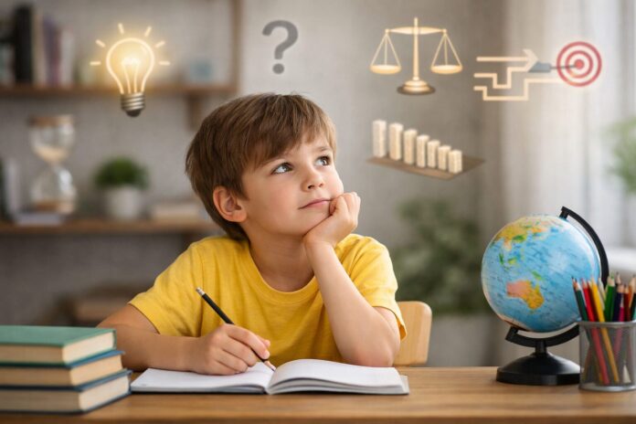 Çocuklarda soyut düşünme kaç yaşında başlar sorusunu temsil eden, düşünen bir çocuğun masa başında kitaplarla çalıştığı sahne