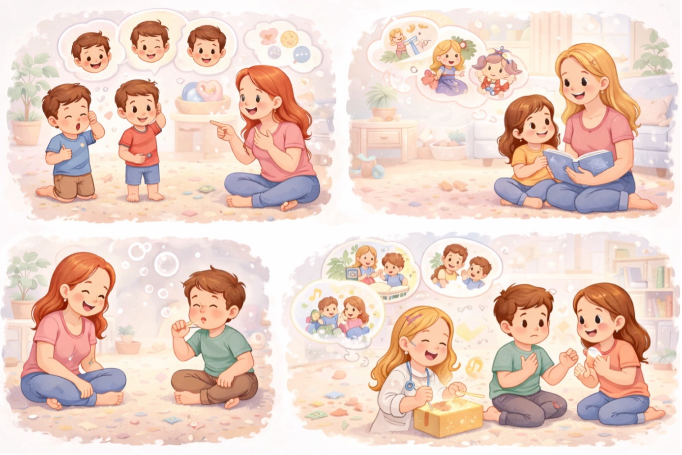 Dil gelişimi ve duygusal farkındalığı destekleyen ekransız çocuk oyunları oynayan çocuklar