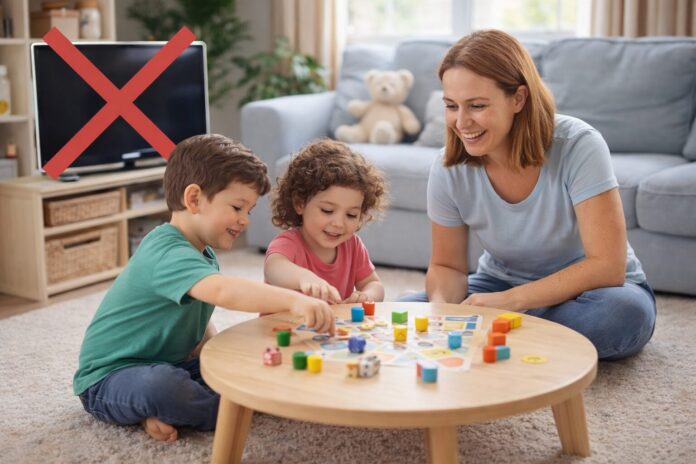 Evde ebeveynleriyle birlikte masa oyunu oynayan çocuklar için ekransız çocuk oyunları örneği