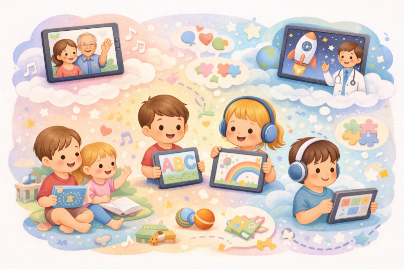 “Okul öncesi çocuklarda ekran süresi kapsamında eğitici tablet kullanımı, oyun ve öğrenme dengesini gösteren illüstrasyon”