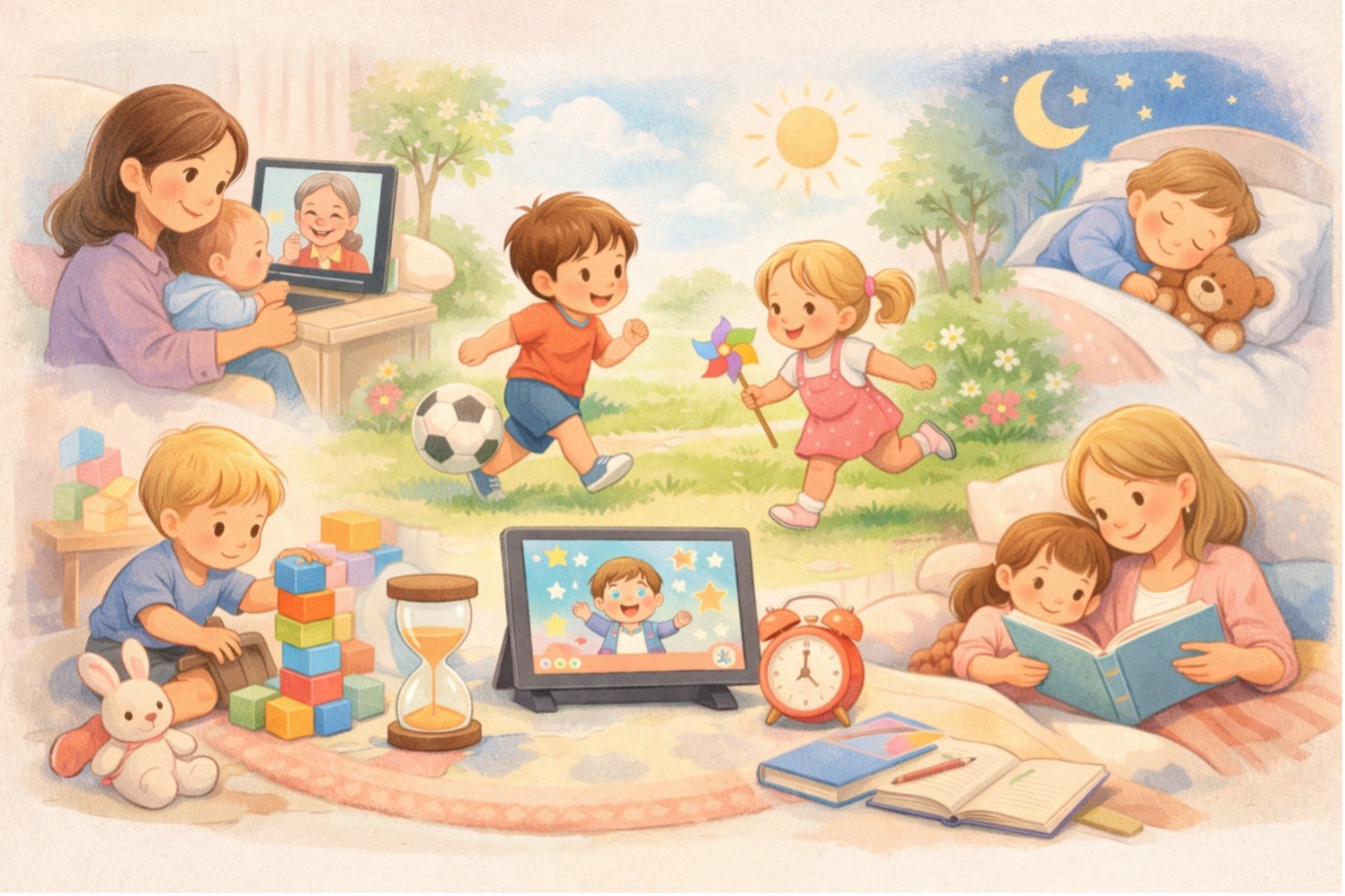 “Okul öncesi çocuklarda ekran süresi ile oyun, uyku ve kitap okuma dengesini gösteren illüstrasyon”