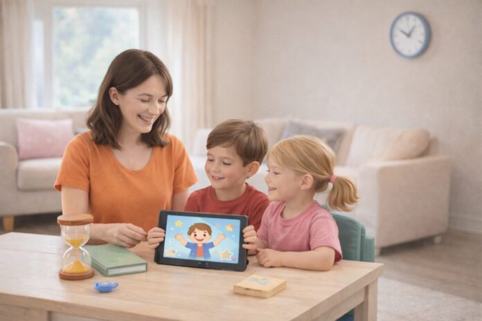 “Okul öncesi çocuklarda ekran süresi, ebeveyn eşliğinde tablet kullanımı ve zaman yönetimini gösteren fotoğraf”