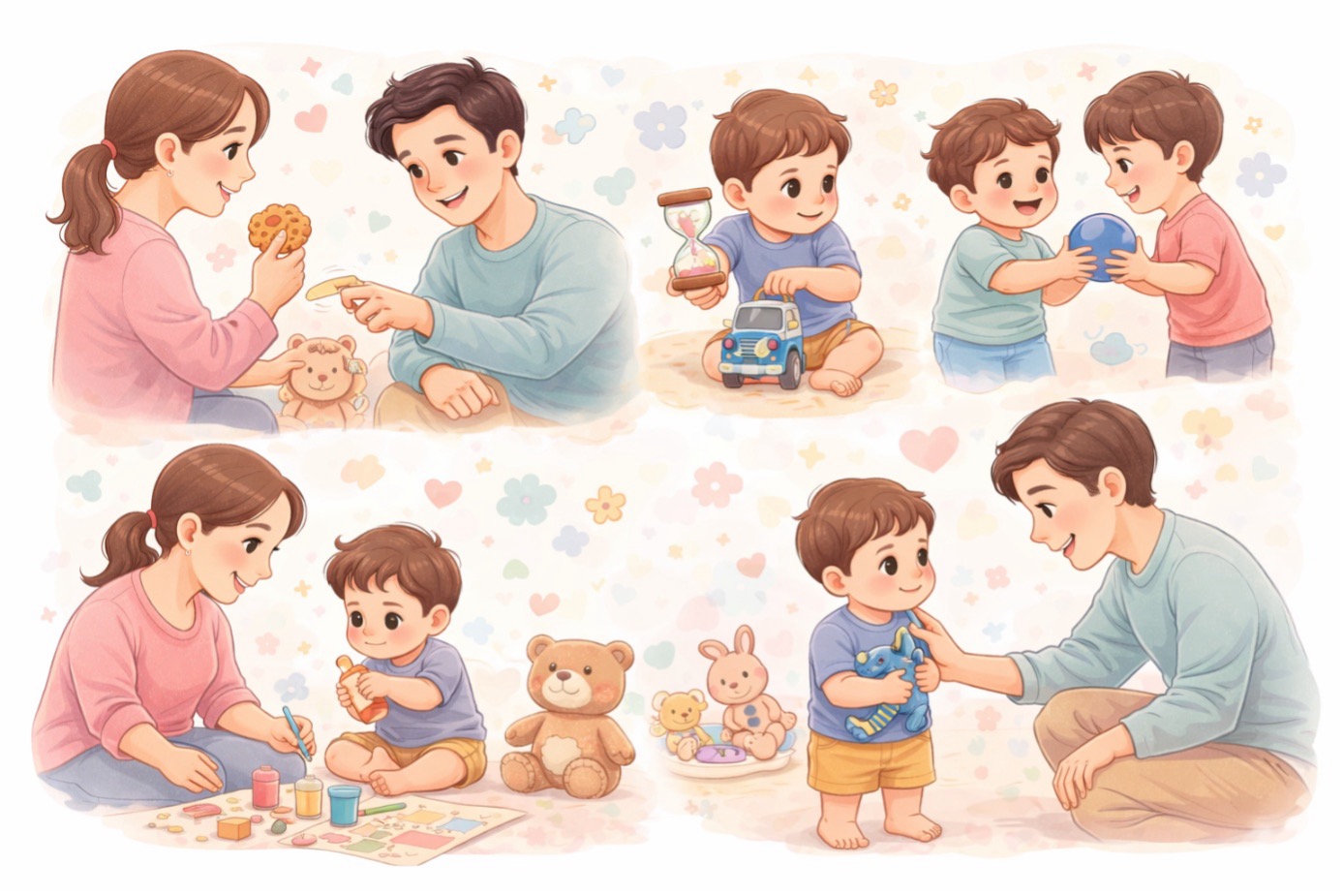 4 yaş çocuğu paylaşmıyor davranışını desteklemek için ebeveynlerin paylaşma öğretme yöntemlerini gösteren sosyal gelişim illüstrasyonu
