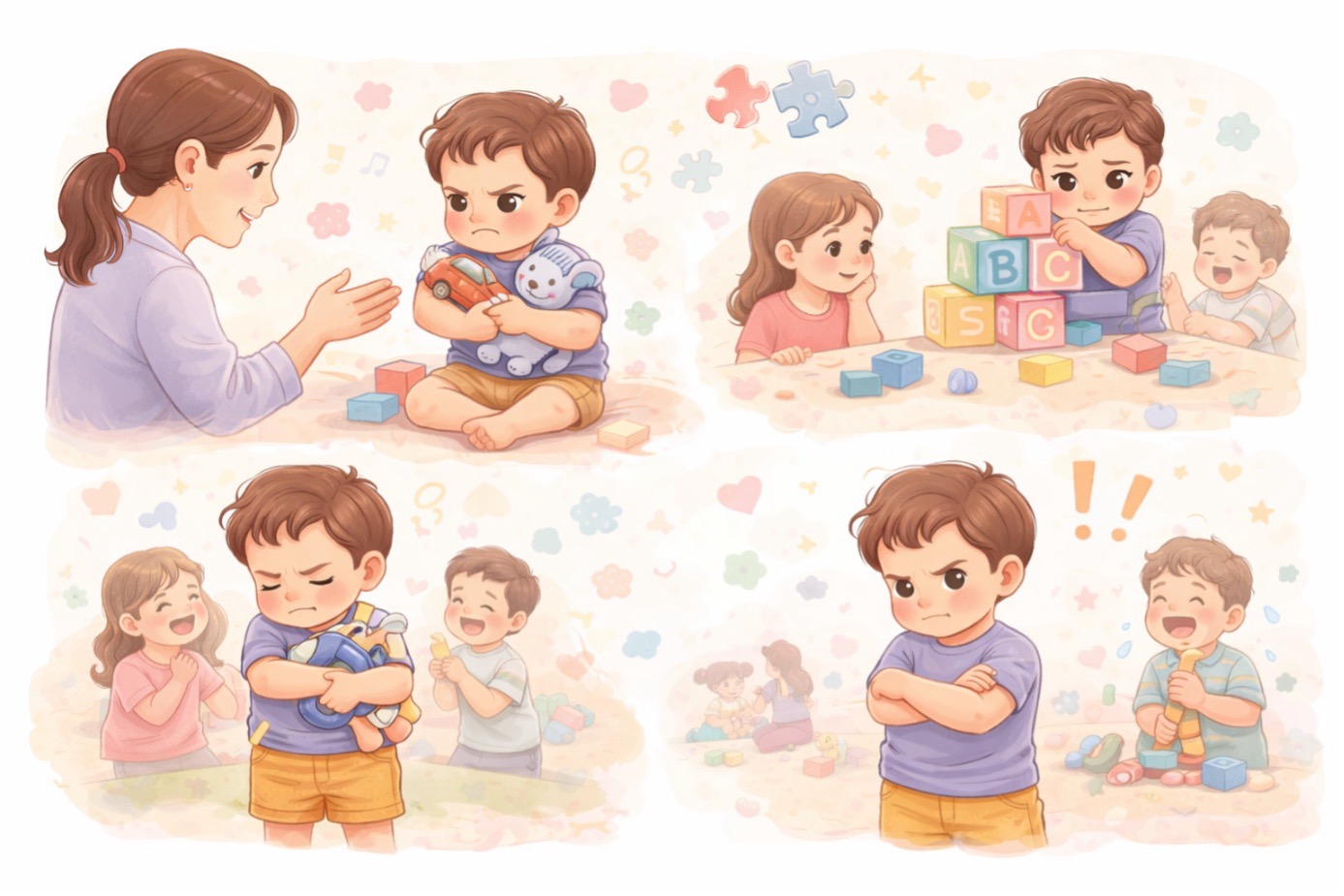 4 yaş çocuğu paylaşmıyor davranışını gösteren, oyuncaklarını paylaşmak istemeyen çocuk ve sosyal gelişim sürecini anlatan illüstrasyon