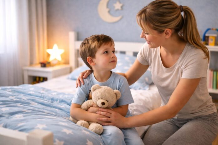 Çocuk kendi yatağına nasıl alıştırılır sorusuna örnek olarak, annesiyle birlikte odasında yatağında oturan ve uykuya hazırlanan çocuk.