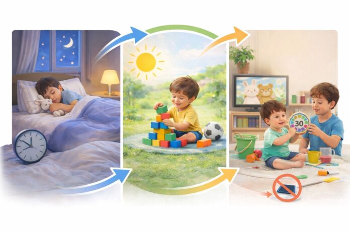 Çocuklar için günlük rutin örneği: uyku, açık hava oyunu ve sınırlı ekran süresini gösteren fotoğraf