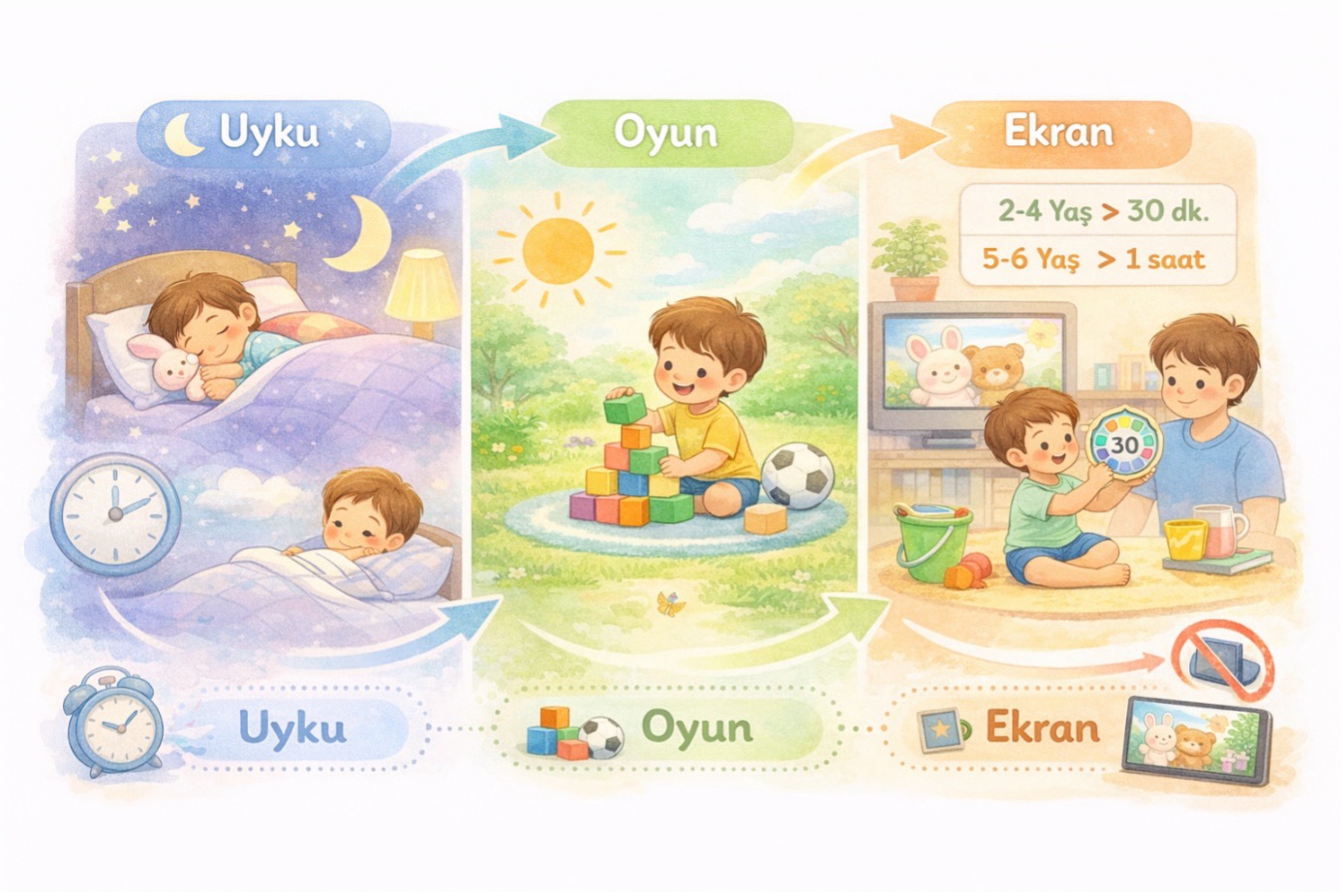 Çocuklar için günlük rutin örneği: uyku, oyun ve ekran süresi dengesi illüstrasyonu