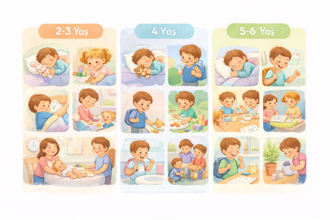 Çocuklar için günlük rutin örneği: 2-3 yaş, 4 yaş ve 5-6 yaş günlük rutin akışı illüstrasyonu
