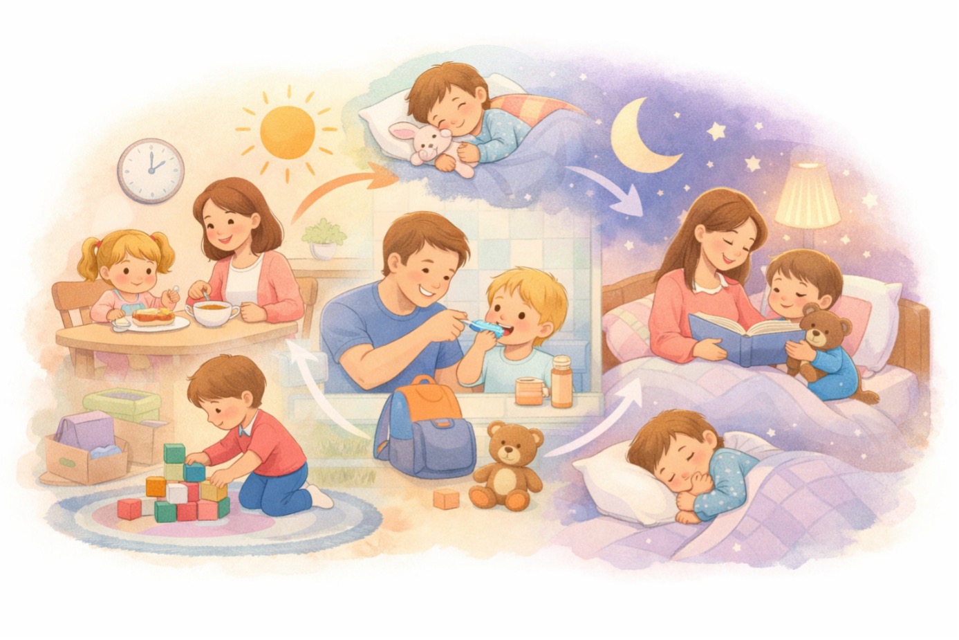 Çocuklar için günlük rutin örneği: sabah kahvaltısı, oyun zamanı ve akşam uyku rutini illüstrasyonu