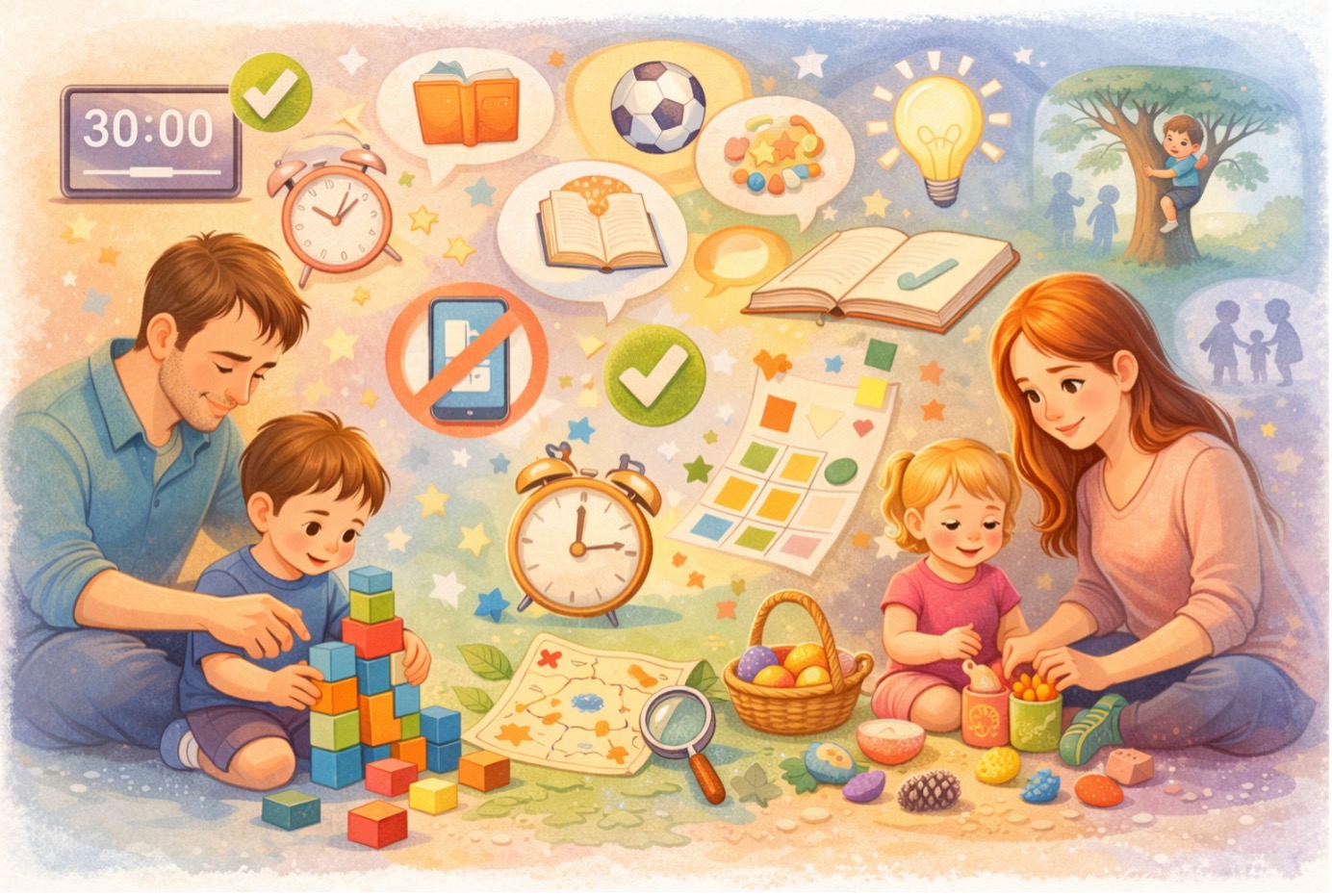 Çocuklarda ekran süresi nasıl azaltılır konusunu gösteren, ebeveynlerle ekran yerine oyun ve etkinlik yapan çocuk illüstrasyonu