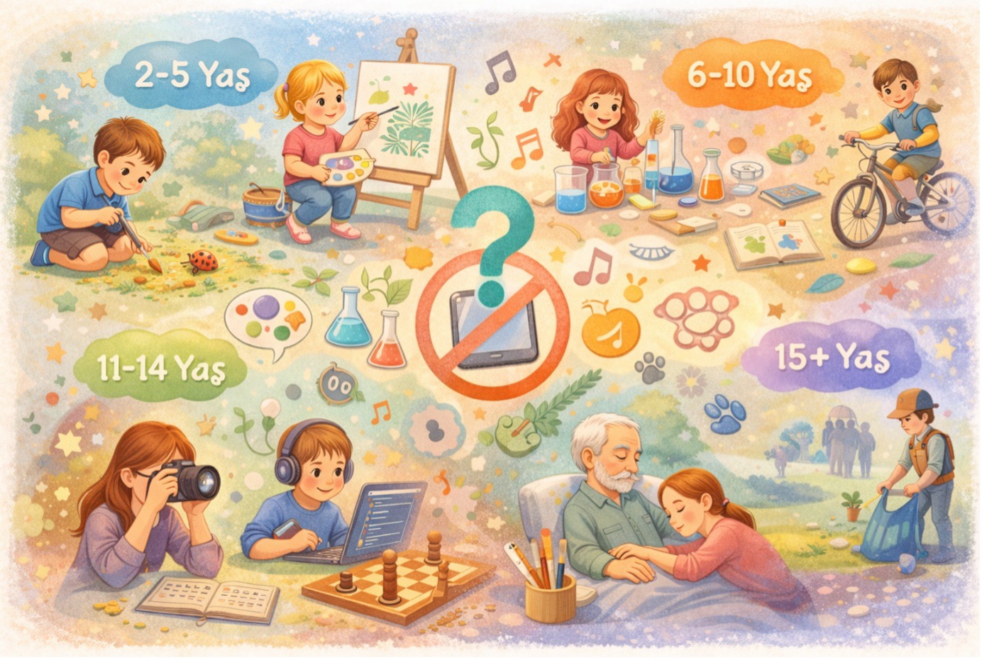 Çocuklarda ekran süresi nasıl azaltılır konusunu anlatan, yaş gruplarına göre ekran yerine aktiviteler illüstrasyonu