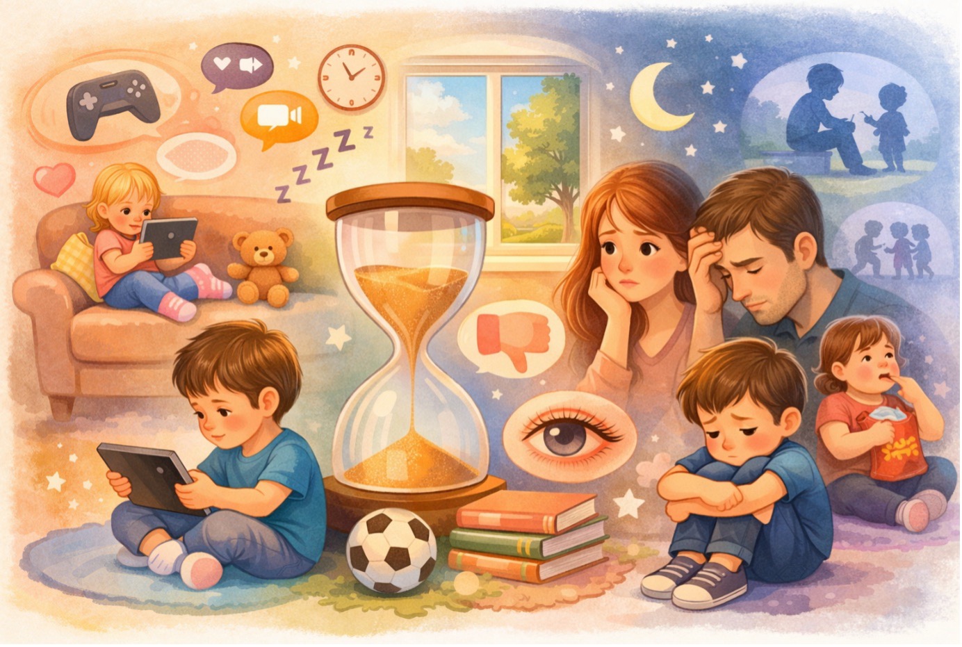 Çocuklarda ekran süresi nasıl azaltılır konusunu anlatan, tablet kullanan çocuklar ve zaman kum saati illüstrasyonu