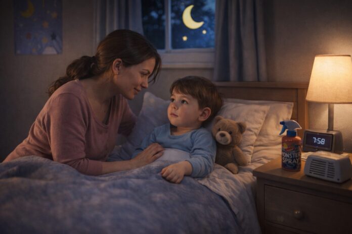 Çocuklarda uyku direnci yaşayan bir çocuğun yatma saatinde annesiyle sakin uyku rutini anı