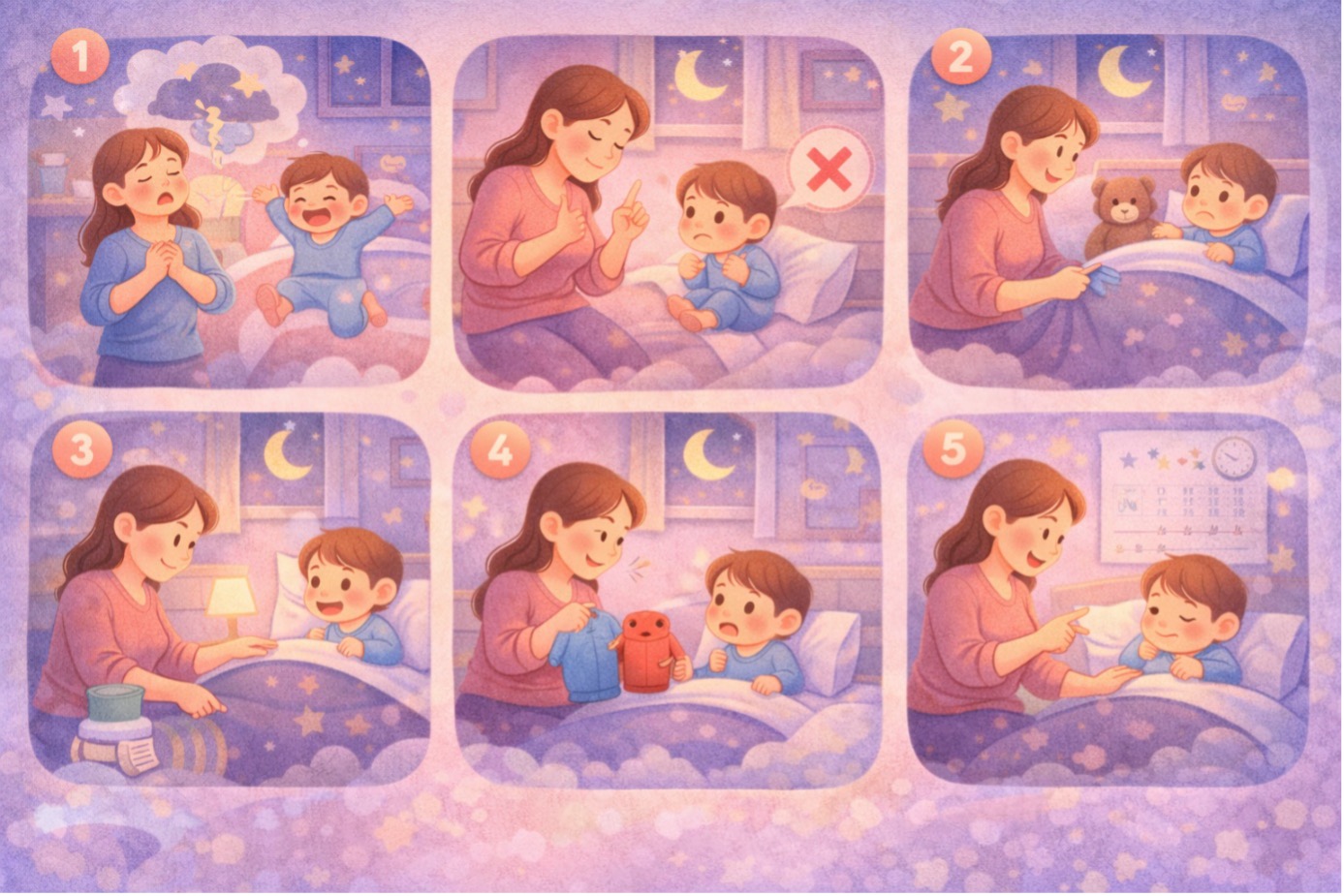 Çocuklarda uyku direnci sırasında ebeveynin sakin şekilde sınır koymasını gösteren illüstrasyon