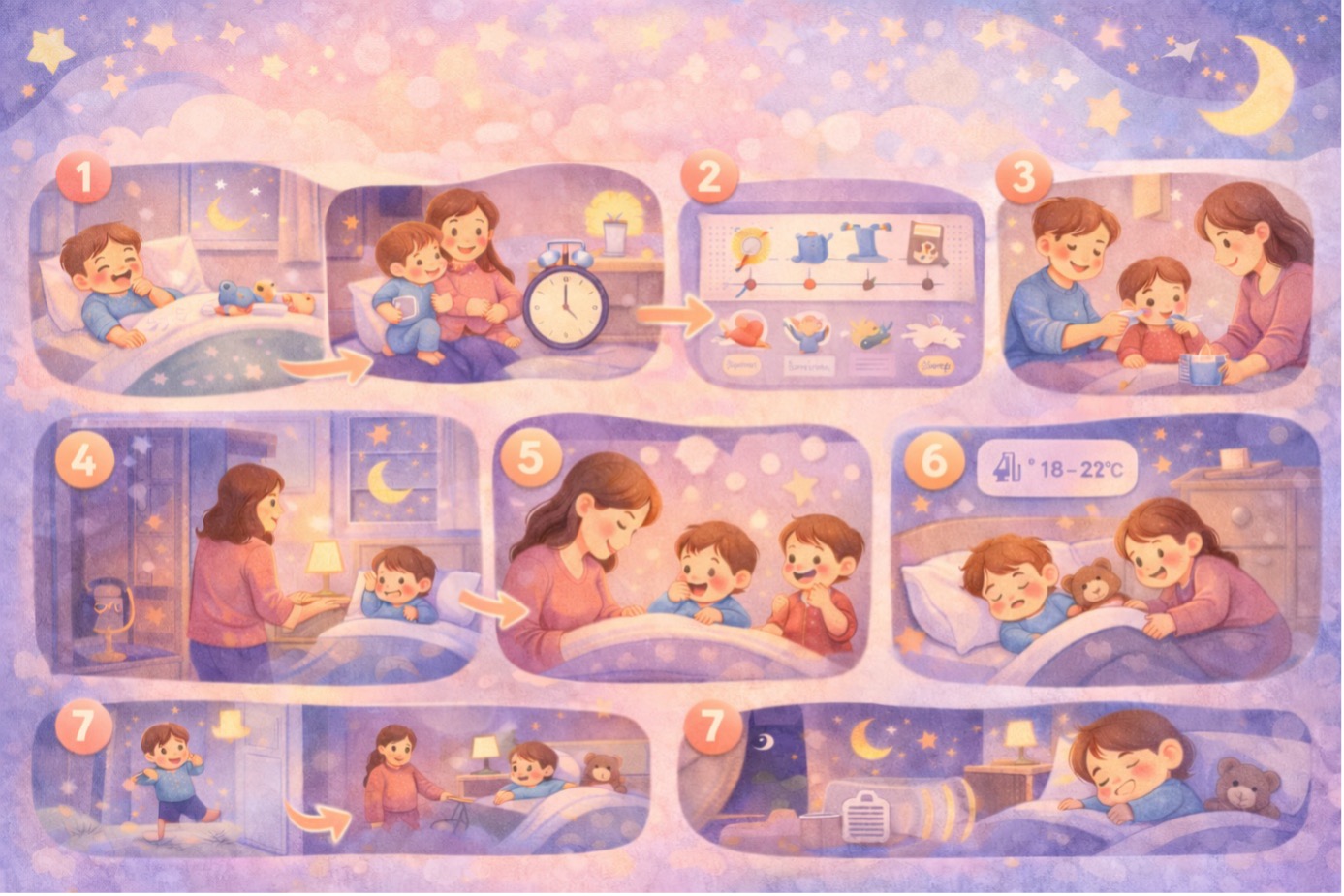 Çocuklarda uyku direnci için akşam uyku rutini adımlarını gösteren illüstrasyon