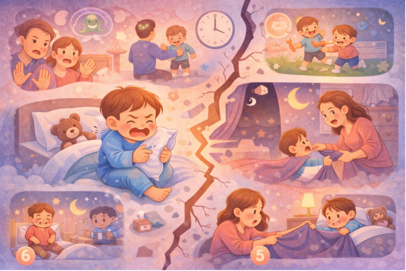 Çocuklarda uyku direnci yaşayan bir çocuğun yatma saati krizini ve ebeveyn desteğini gösteren illüstrasyon