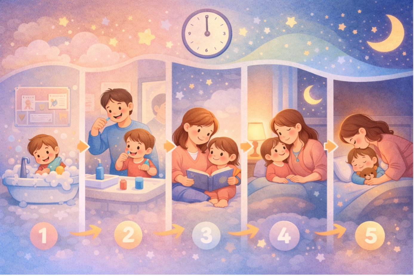 Çocuklarda uyku rutini adımlarını gösteren illüstrasyon; banyo, diş fırçalama, kitap okuma ve uykuya geçiş süreci