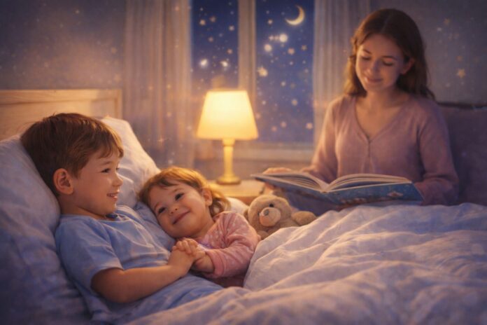 Çocuklarda uyku rutini sırasında annelerinin masal okuduğu iki çocuğun uykuya hazırlandığı gece sahnesi