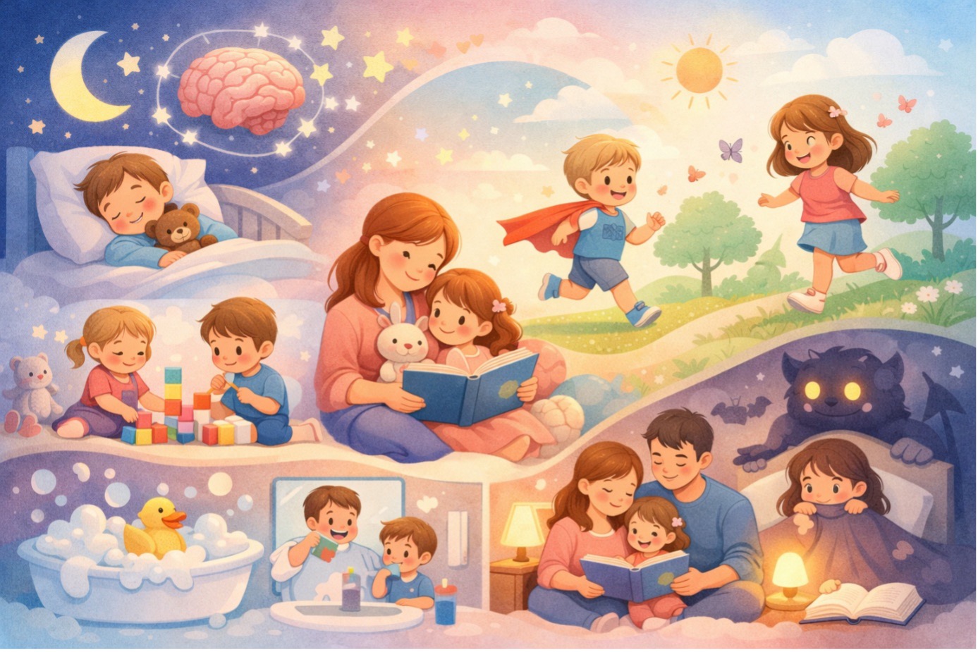 2-6 yaş çocuklar için çocuklarda uyku rutini adımlarını gösteren illüstrasyon; banyo, kitap okuma ve uykuya geçiş süreci