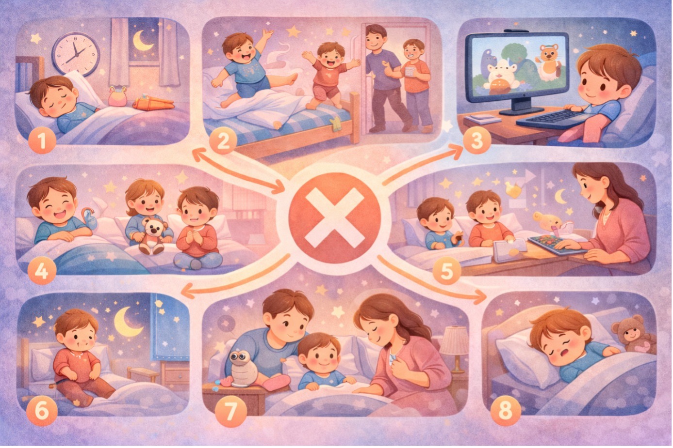 Çocuklarda uyku rutini sırasında yapılmaması gereken hataları gösteren illüstrasyon