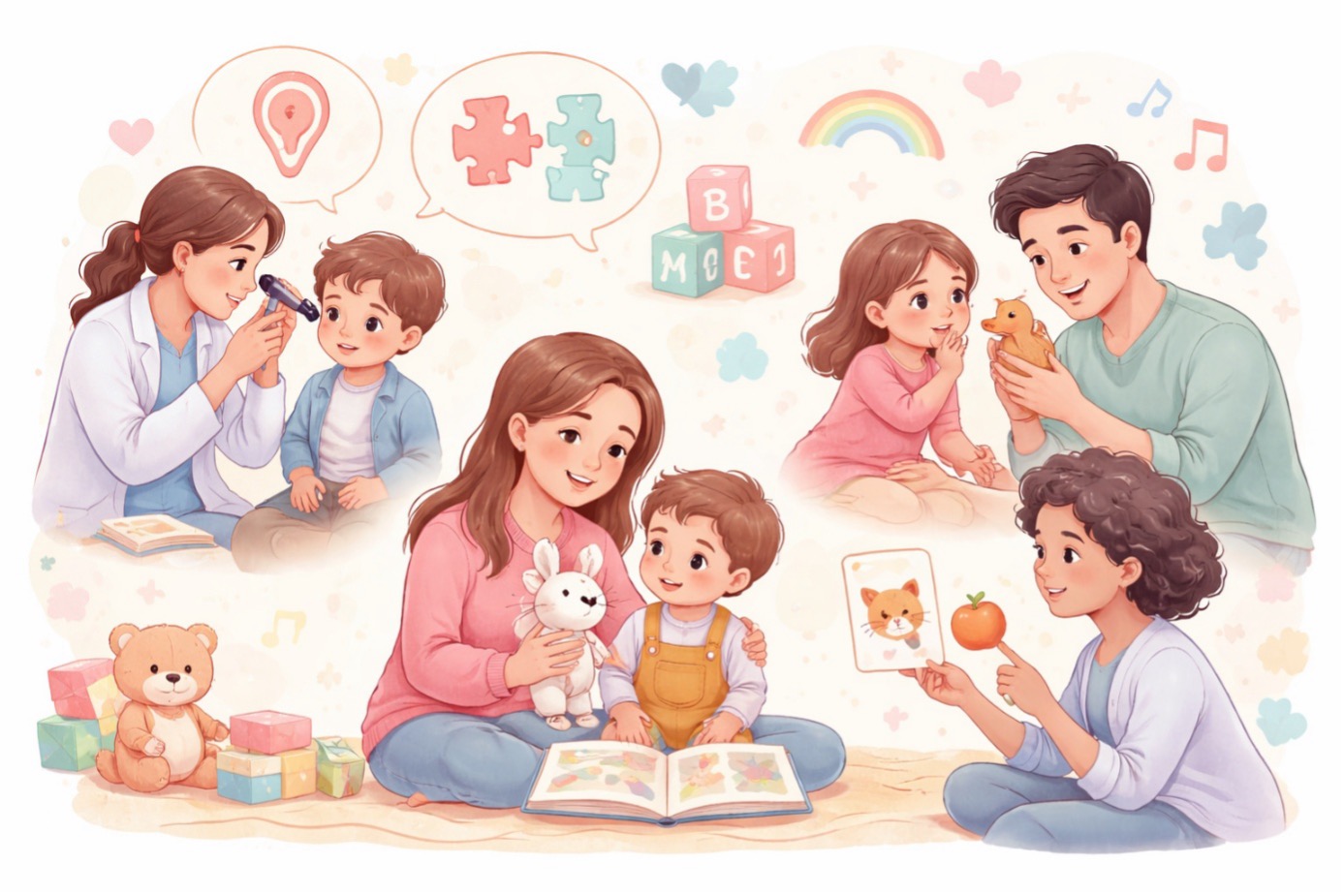 Dil gelişimi gecikmesi belirtilerini değerlendirmeye yardımcı olan, çocuklarla iletişim ve dil gelişimini destekleyen ebeveyn ve uzman etkileşimini gösteren görsel