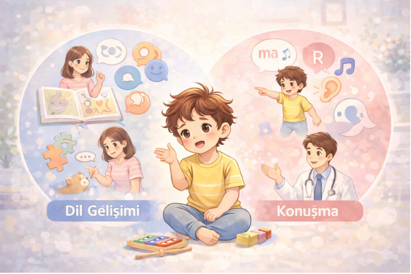 Dil gelişimi gecikmesi belirtilerini anlatan, çocuklarda dil gelişimi ile konuşma becerisi arasındaki farkı gösteren eğitim görseli