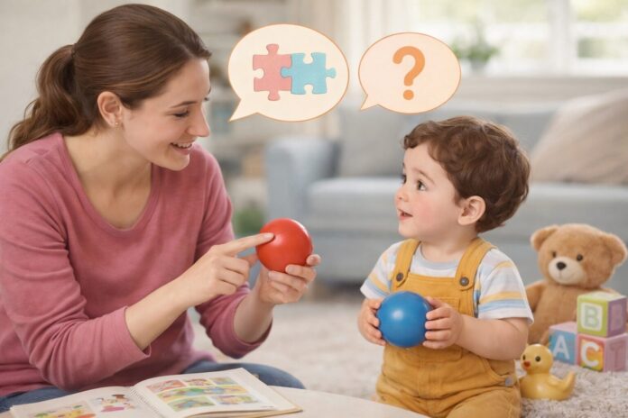 Dil gelişimi gecikmesi belirtilerini değerlendirmeye yardımcı olabilecek, ebeveynin çocukla oyun ve iletişim yoluyla dil gelişimini desteklediği gerçek yaşam fotoğrafı