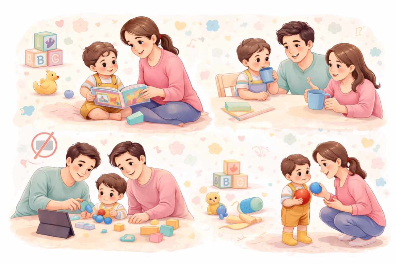 Dil gelişimi gecikmesi belirtilerini azaltmaya yardımcı olabilecek, çocuklarla oyun, kitap okuma ve ebeveyn etkileşimi yoluyla dil gelişimini destekleyen aile aktivitelerini gösteren görsel