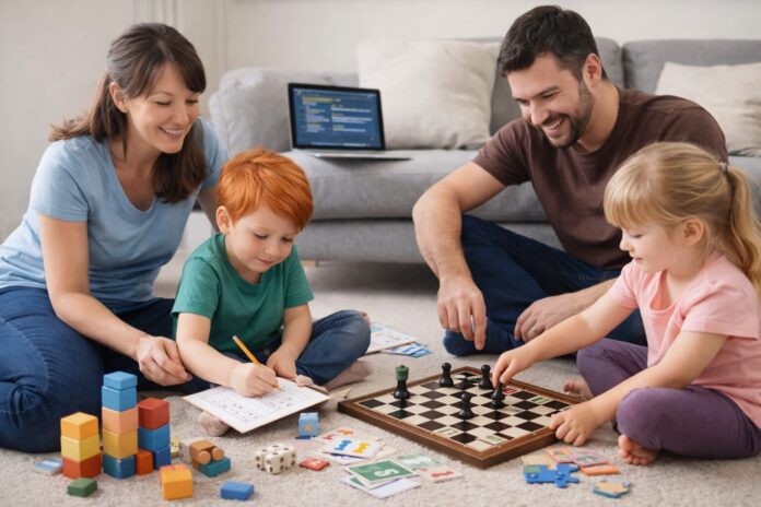 Evde çocuklar için zeka oyunları oynayan aile ve satranç ile sudoku etkinliği yapan çocuklar