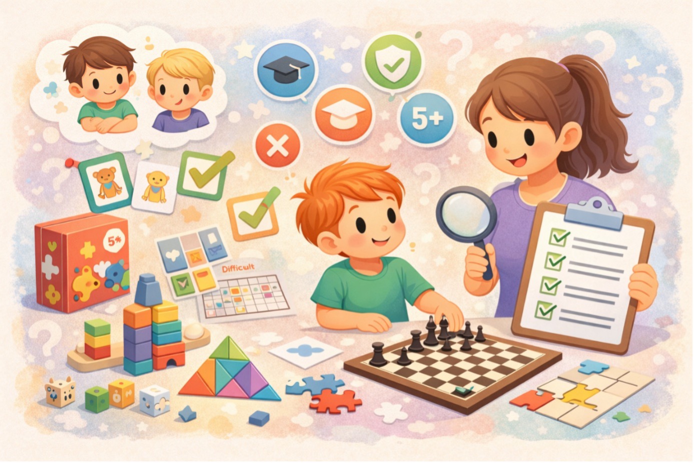 Evde çocuklar için zeka oyunları seçimi yapan ebeveyn ve satranç oynayan çocuk görseli