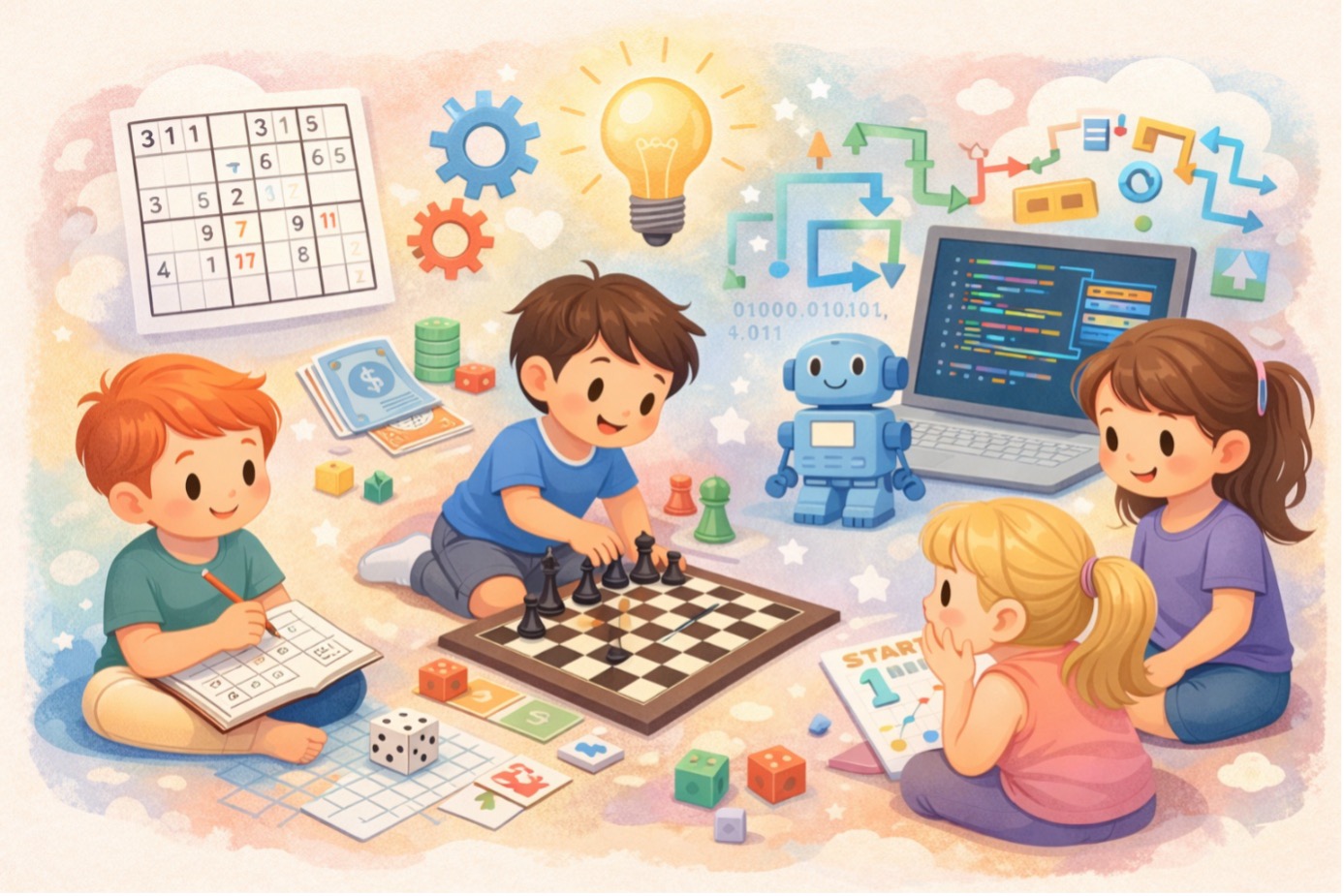 Evde çocuklar için zeka oyunları oynayan çocukların satranç, sudoku ve kodlama etkinlikleri yaptığı sahne